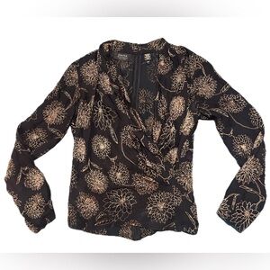 Vintage 80s Dana Buchman Silk blend Black Gold Floral Sheer blouse Size 6 P